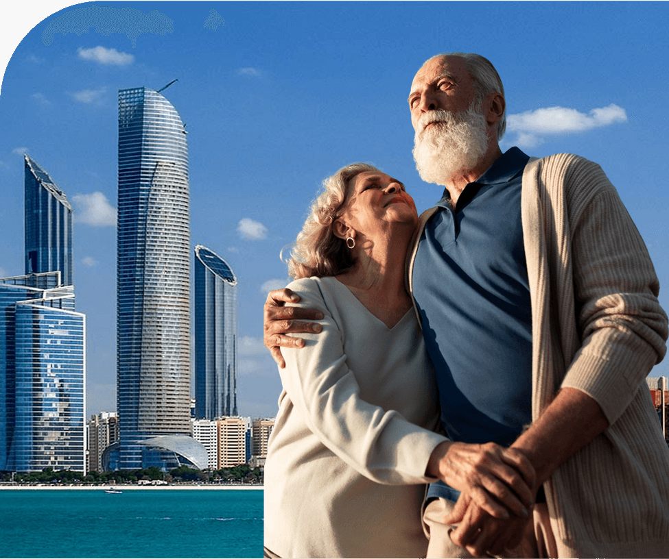 Elderly couple enjoying retirement in Dubai under Dubai retirement visa program" "Skyline of Dubai representing Dubai retirement visa opportunities