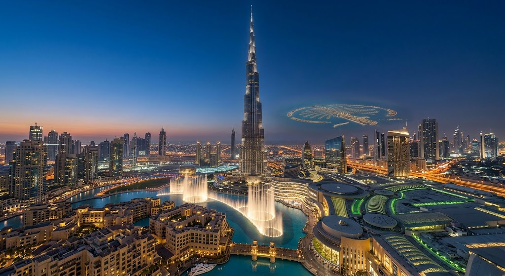 Dubai skyline at night with Burj Khalifa